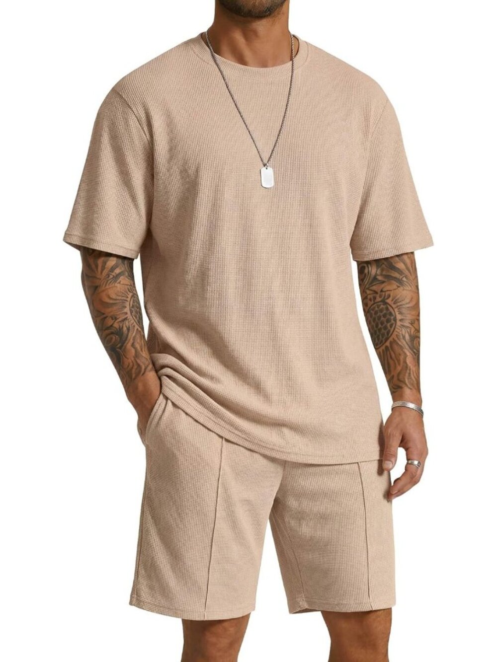 Coofandy Apricot Polyester Casual Cotton T Shirt Shorts Tracksuits 2 Pieces